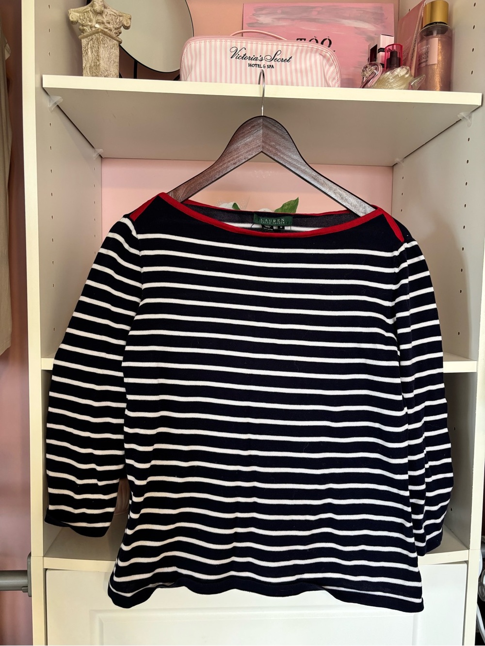 Lauren Ralph Lauren Navy and White Striped Long-Sleeve Top with Red Trim